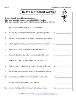 Fix the Misspelled Word (D-Thanksgiving)  Spelling D Worksheet