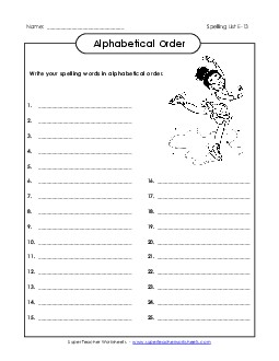 ABC Order: Write List (E-13) Spelling E Worksheet