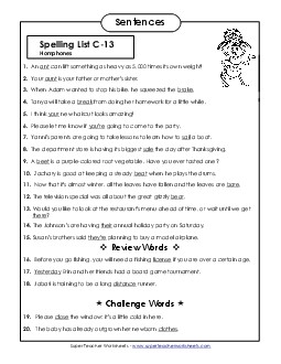 Spelling Test Sentences (C-13) Spelling C Worksheet