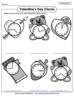 Valentine\'s Day Clocks - Nearest Minute Valentines Day Worksheet