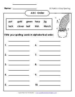 ABC Order: Write List (A-St. Patrick\'s Day)  Spelling A Worksheet