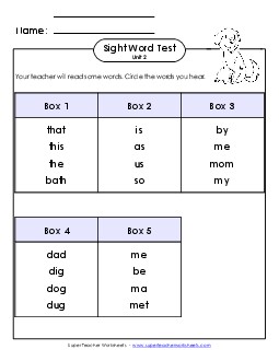 Whole Class Test (Unit 2) Free Sight Words Worksheet