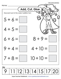 Add, Cut, Glue (Addends Up to 10; Sums to 20) Addition Worksheet