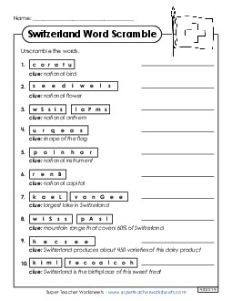 Switzerland Word Scramble Worksheet