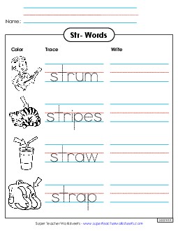 Trace and Write (Str- Words) Phonics Blends Worksheet