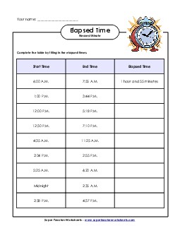 Elapsed Time Chart (Intermediate) Worksheet