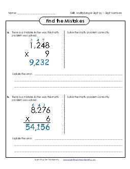 Find the Mistakes: 4-Digit by 1-Digit Numbers Multiplication Worksheet