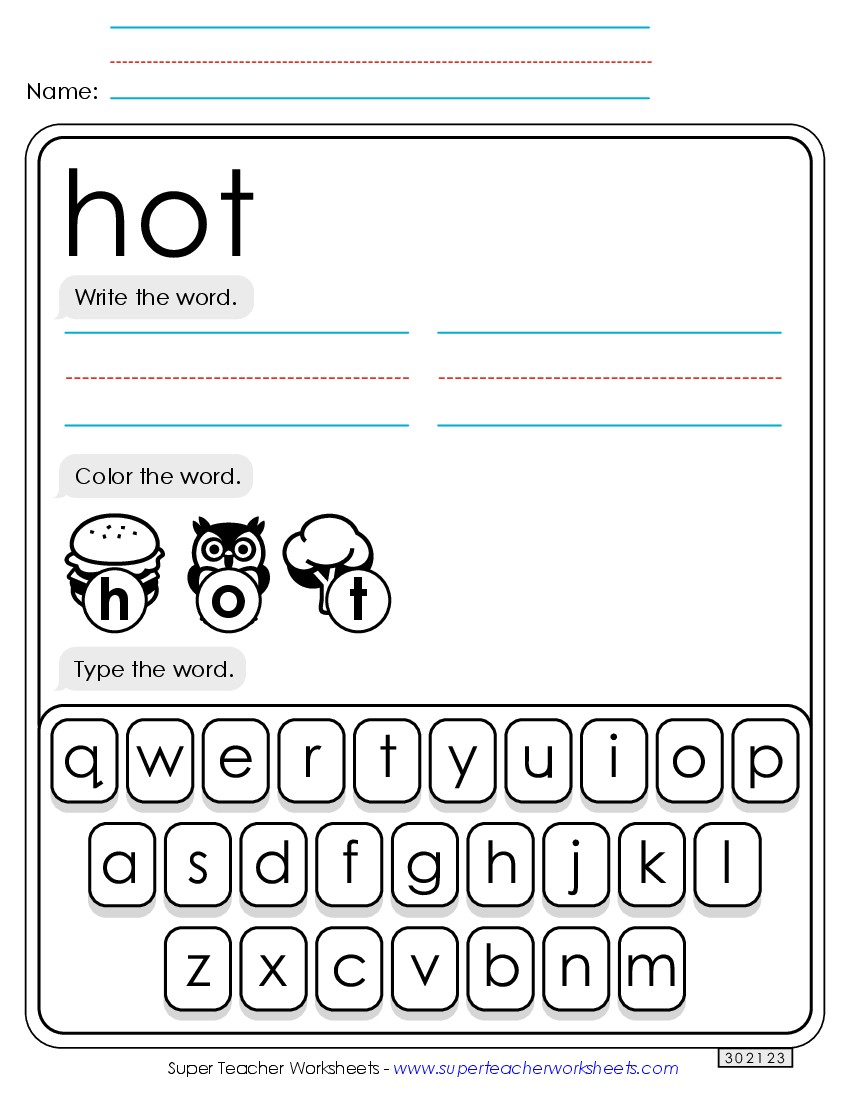 Write, Color, Type: Hot Sight Words Individual Worksheet