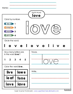 Worksheet 4: Love Sight Words Individual Worksheet