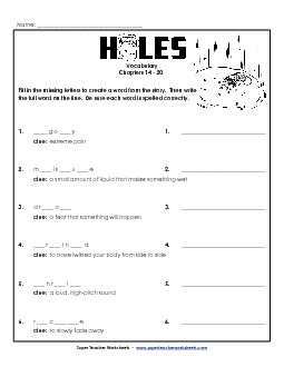 Vocab for Chapters 14-20 Book Holes Worksheet