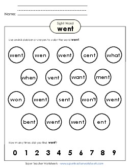 Dab or Color: Went Sight Words Individual Worksheet