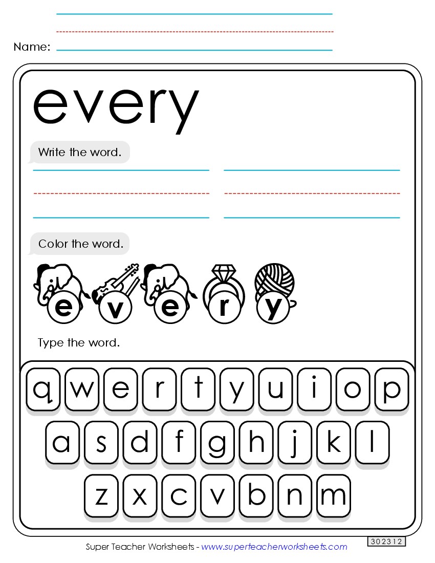 Write, Color, Type: Every Sight Words Individual Worksheet