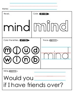 Worksheet 1: Mind Sight Words Individual Worksheet