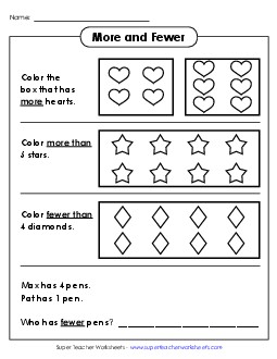 More and Fewer (with Word Problem) Counting Worksheet