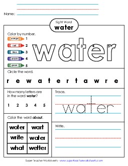 Worksheet 4: Water Free Sight Words Individual Worksheet