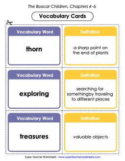 Vocabulary Cards for Chapters 4-6 Book The Boxcar Children Worksheet