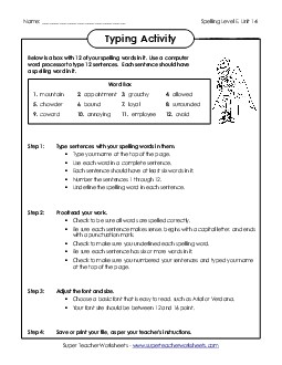 Typing Sentences (E-14) Spelling E Worksheet