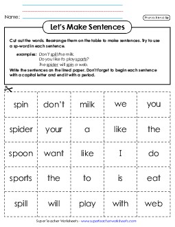 Let\'s Make Sentences (Sp- Words) Phonics Blends Worksheet