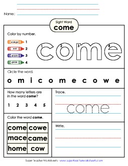 Come (Sight Word) Sight Words Individual Worksheet