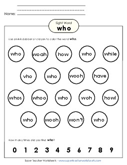 Dab or Color: Who Sight Words Individual Worksheet