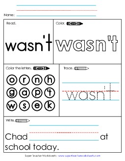 Worksheet 1: Wasn\'t Sight Words Individual Worksheet