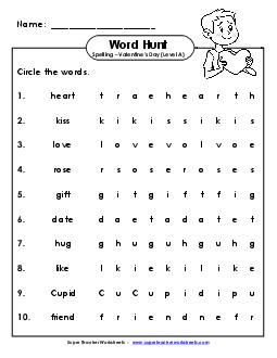 Horizontal Word Hunt (A-Valentine\'s Day) Spelling A Worksheet