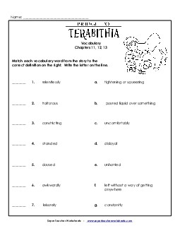 Vocabulary for Chapters 11-13 Book Bridge To Terabithia Worksheet