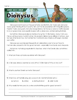 Greek Gods Series: Dionysus Reading Comprehension Reading Comp Short Worksheet