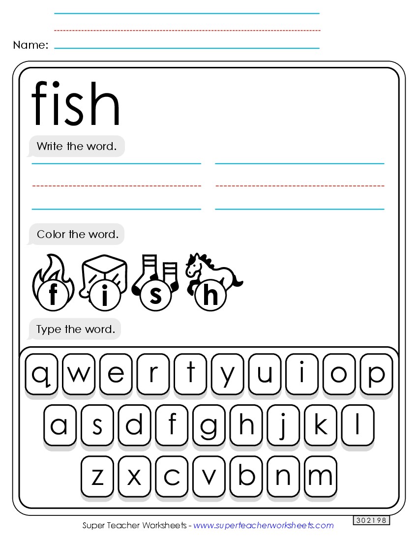 Write, Color, Type: Fish Sight Words Individual Worksheet