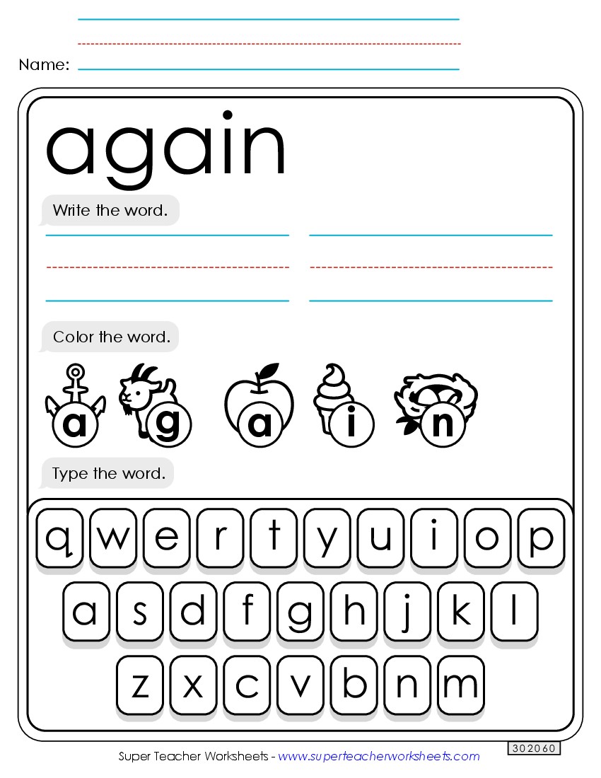 Write, Color, Type: Again Sight Words Individual Worksheet