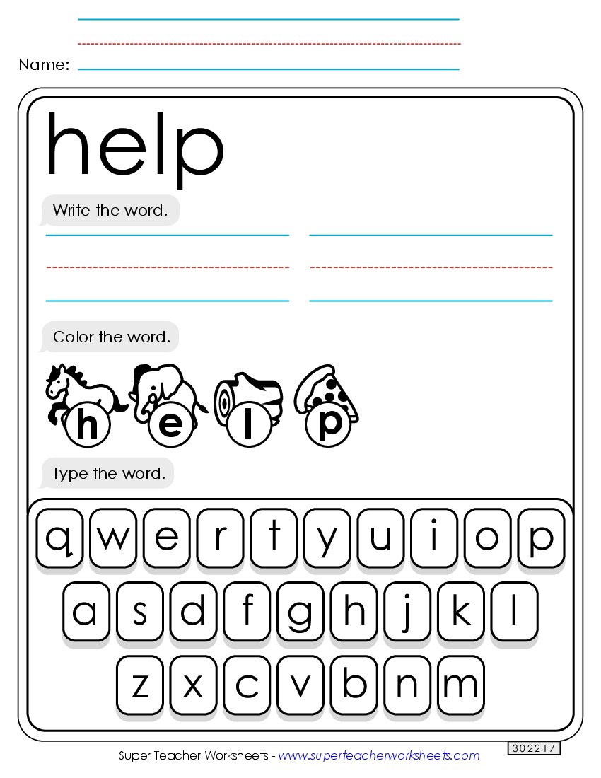 Write, Color, Type: Help Sight Words Individual Worksheet