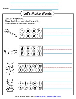 Color the Letters & Write (-ool) Word Families Worksheet