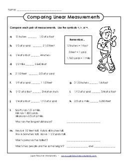 Comparing Linear Measurements (Inches, Feet, Yards, Miles) Fractions Worksheet