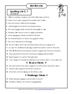 Spelling Test Sentences (C-1) Free Spelling C Worksheet