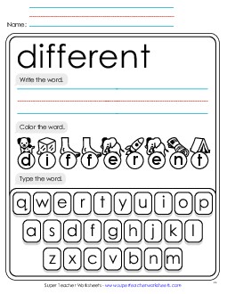 Write, Color, Type: Different Sight Words Individual Worksheet