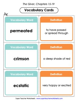 Vocab. Cards for Chapters 15-19 Book The Giver Worksheet