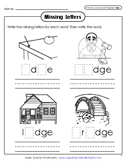 Missing Letters (-dge Words) Phonics Trigraphs Worksheet