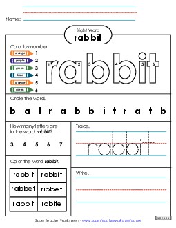 Worksheet 4: Rabbit Sight Words Individual Worksheet