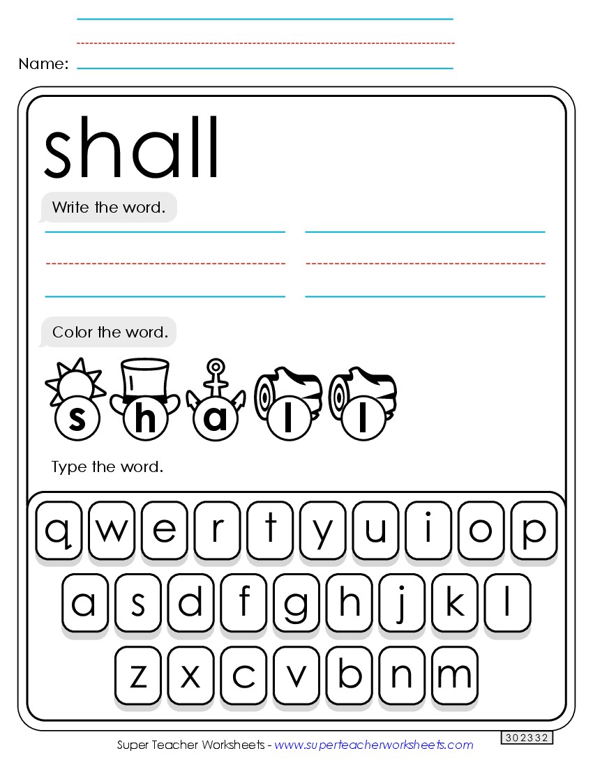 Write, Color, Type: Shall Sight Words Individual Worksheet