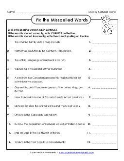 Fix the Misspelled Words (D-Canada Words)  Spelling D Worksheet