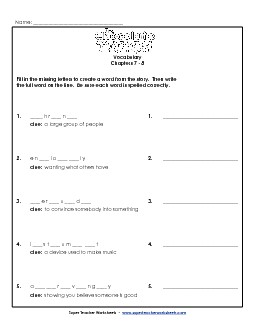 Vocabulary for Chapters 7 & 8 Book Chocolate Touch Worksheet