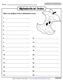 Alphabetical Order: Whole List (F-13) Spelling F Worksheet