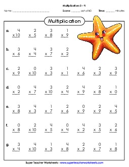 Drill: Basic Facts 0-4 (A) Free Multiplication Worksheet