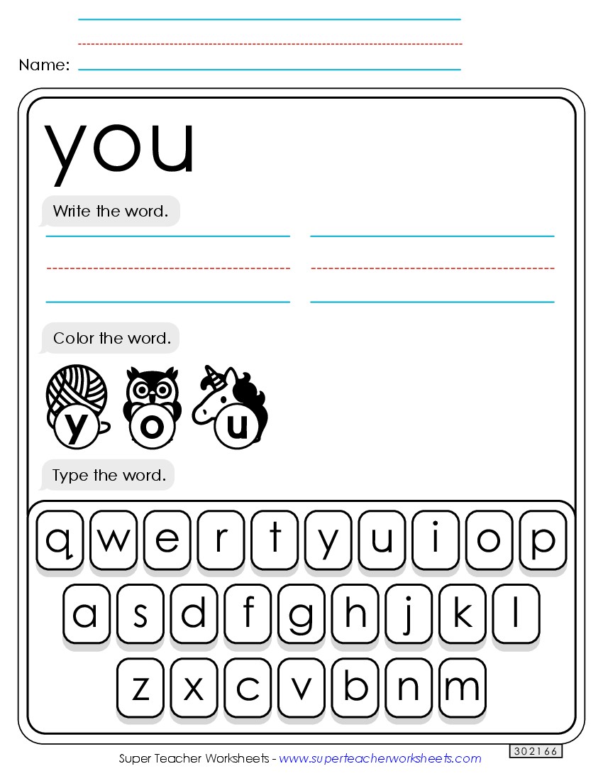 Write, Color, Type: You Sight Words Individual Worksheet