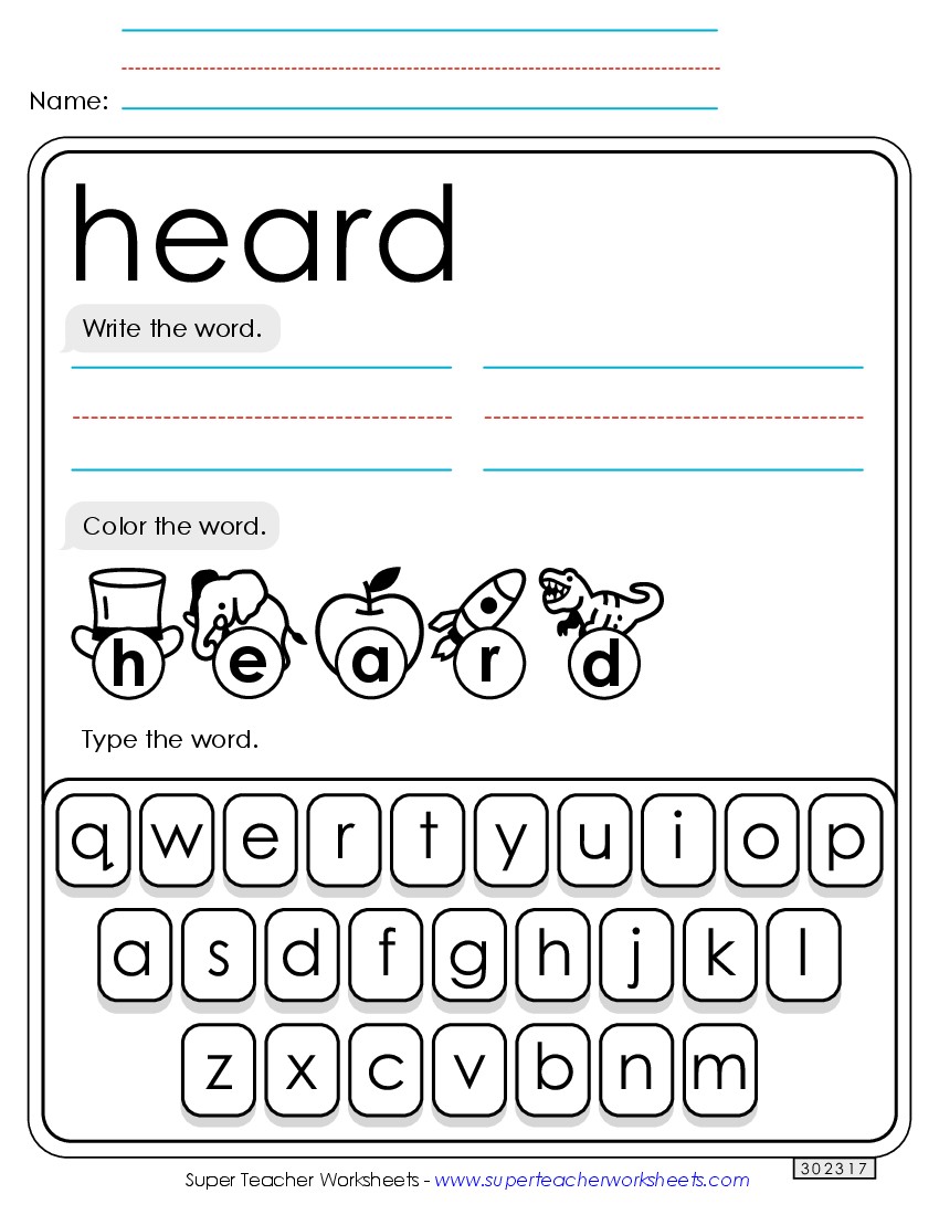 Write, Color, Type: Heard Sight Words Individual Worksheet