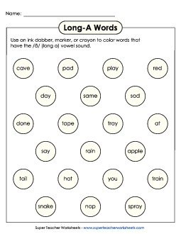 Dabber Activity (Long A Words) Phonics Long Short A Worksheet