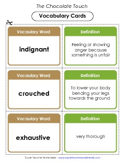 Vocabulary Cards for Chapters 9 & 10 Book Chocolate Touch Worksheet