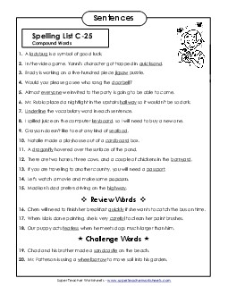 Spelling Test Sentences (C-25) Spelling C Worksheet