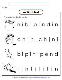 Circle the Words (-in)  Word Families Worksheet