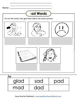 Cut and Glue (-ad) Word Families Worksheet